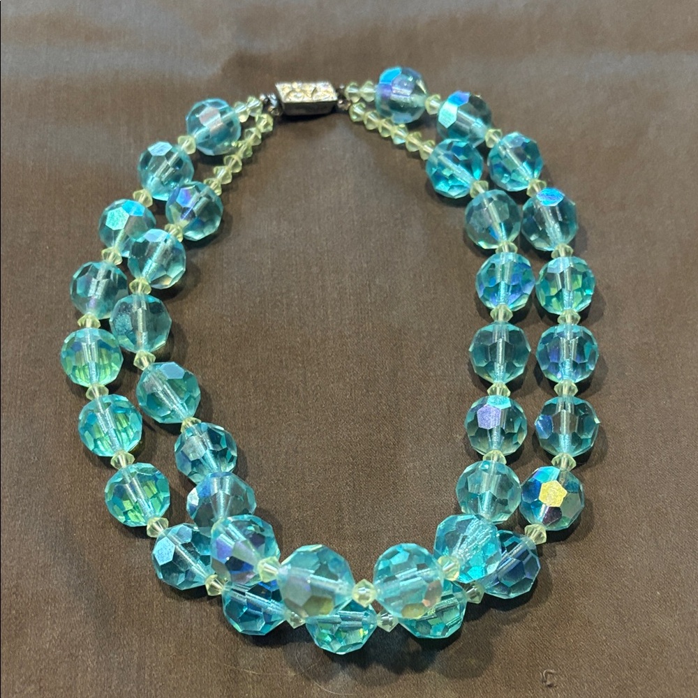 Aqua 2 strand cut glass choker with silver and rhinestone clasp.